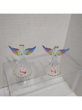 1999 Glass Baron Elegant Hand Blown  Set 2 Standing Angels 5"Multicolor Wings